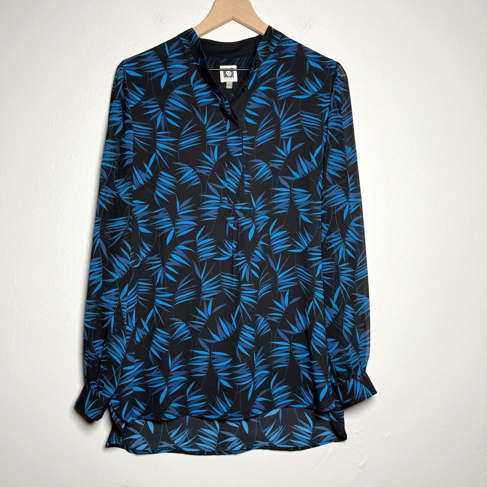 Anne Klein Womens Popover Blouse‎ Large Blue Leaf Flowy Sheer Office Career